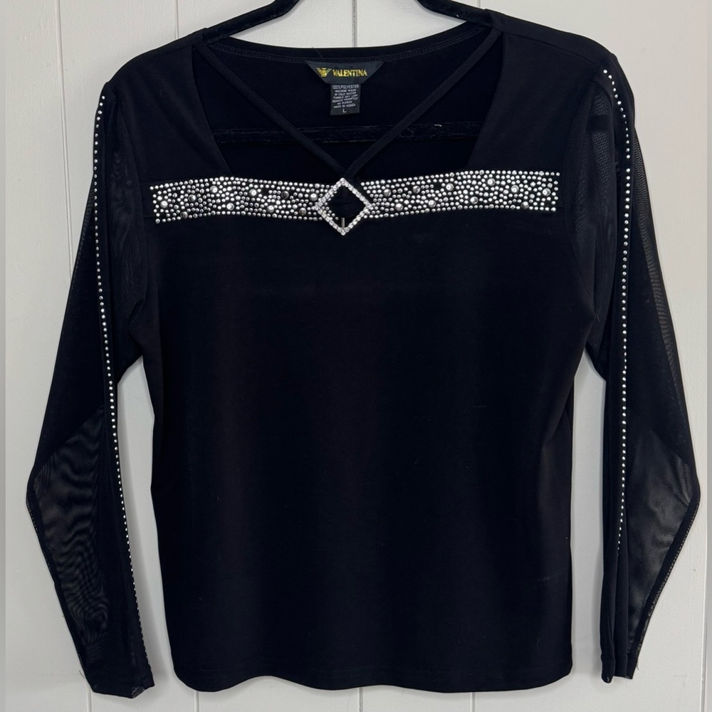 Valentina V Neck Sheer Long Sleeve Rhinestone Studded Shirt Womens M/L